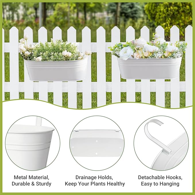 Dahey 5 Pcs Metal Iron Hanging Flower Pots for Railing Fence 15.7 Inch Hanging Bucket Pots Countryside Style Window Flower Plant Holder with Detachable Hooks for Garden Yard Home Decor, White Dahey
