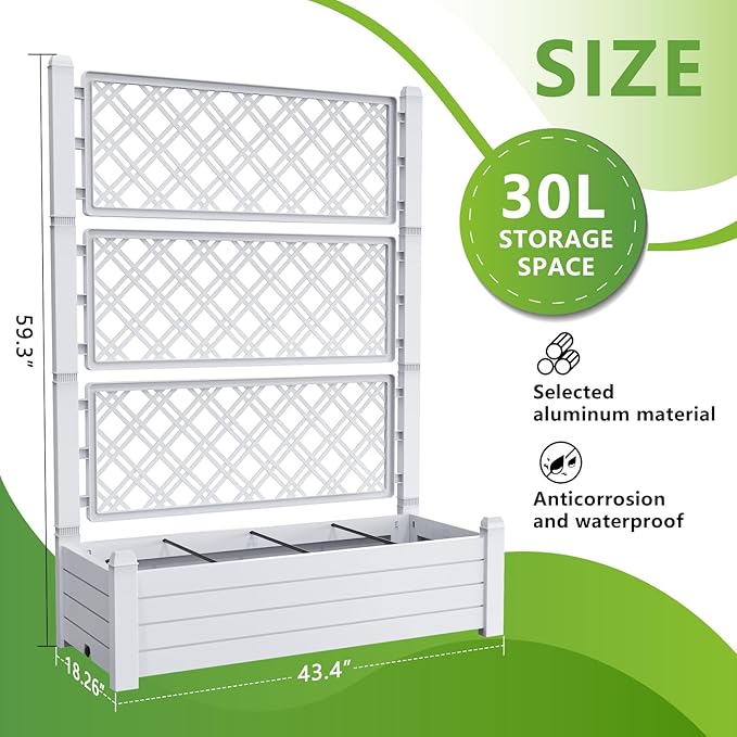 Raised Garden Bed with Trellis for Climbing Plants, 43.43" L x 18.27" W x 59.29" H Planter Box with Self Watering Drainage Holes for Outdoor Backyard Patio Balcony, Anti-Rust Resin (Ashen) OutdoorLivingPerfected