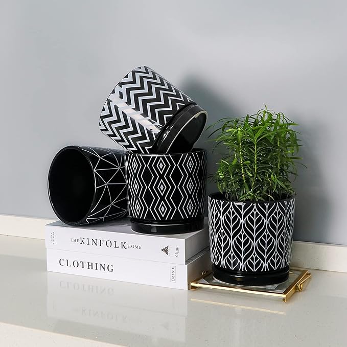 Ton Sin Flower Pots,5.5 Inch Black Ceramic Planter with Drainage Hole,Indoor Cylinder Plant Pots with Saucer,Cactus Succulent Outdoor Garden Pots Set of 4 TonSin