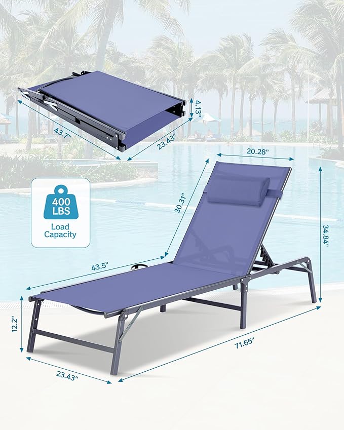 2 Pack Foldable Chaise Lounge Chair with Cup Holder, Assemble-Free Outdoor Lounge Chair with Detachable Pillow and 6 Adjustable Backrest, Patio Lounge Chair for Outside Poolside Beach Pool, Blue HOMELYM