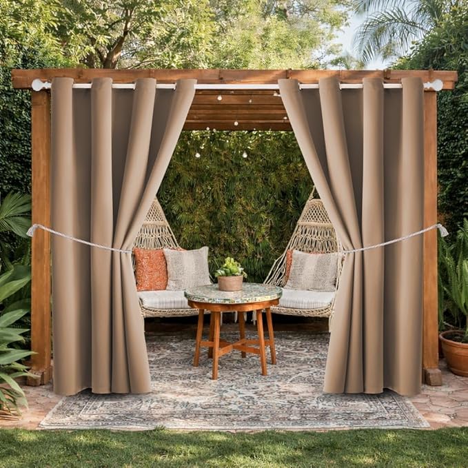 DIVA EN CAMINO DEC Outdoor Patio Curtain Waterproof Darkening Thermal Insulated Indoor Curtains for Bedroom, Porch, Living Room, Pergola, Cabana, W52 x L132, Camel Brown, Set of 2 Panels DivaenCamino