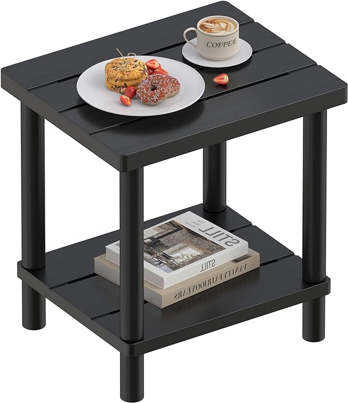 Outdoor Side Table, 2-Tier Small Outdoor Table for Patio, Adirondack Side Tables for Outside or Indoor, Bamboo End Table for Pool, Porch, Weather Resistant Easy Maintenance-Black LEJANEOYE