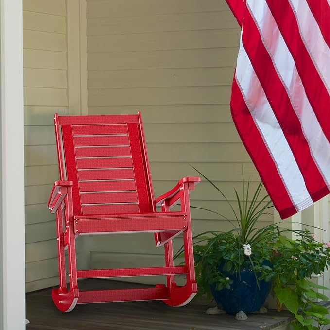 GREENVINES Outdoor Rocking Chairs | Set of 2 | Porch Rocker | HDPE Plastic | Red | Oversized Rockers | High Back | Big & Tall | Ladder Back | for Patio Outside Backyard Balcony GreenVines