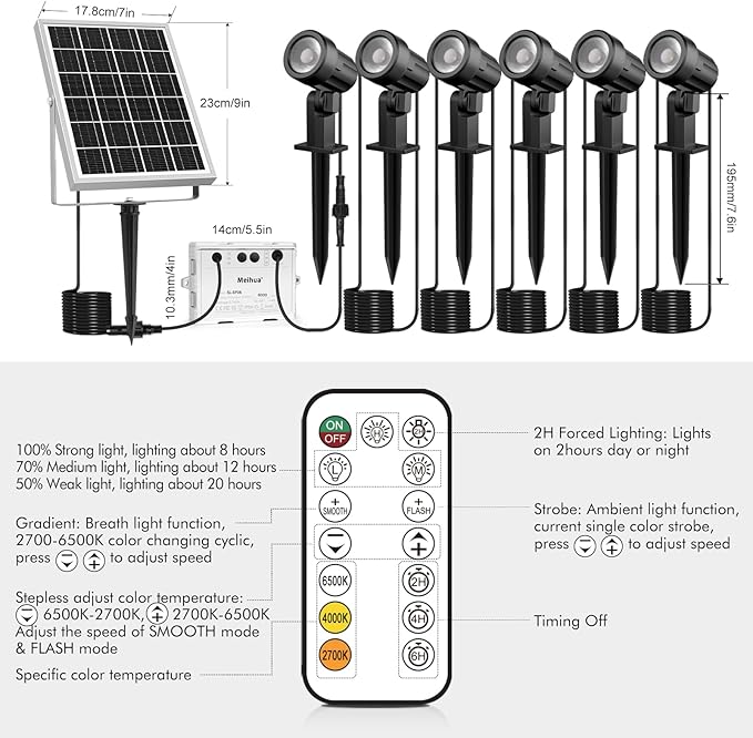 MEIHUA 6 in 1 Solar Spot Lights Outdoor, Solar Landscape Spotlights 2700K/4000K/6500K, 3 Brightness & Remote Control, IP66 Waterproof Spotlights Outdoor Garden for Pathway Driveway Tree MEIHUA