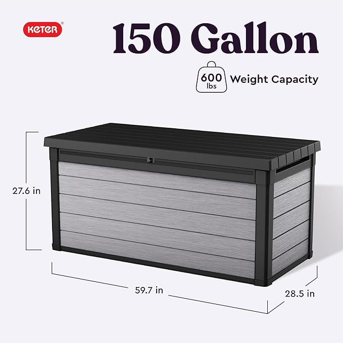 Keter Denali 150 Gallon Resin Large Deck Box with Double Wall 20mm Panels - Paintable and Drillable-Organization and Storage for Patio Furniture and Outdoor Items, Grey & Black Keter