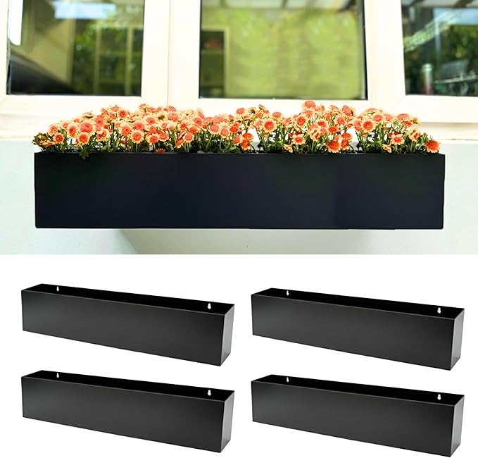 LaLaGreen Wall Planters for Outdoor Plants (30 Inch, 4 Pack) Carbon Steel Black Metal Hanging Flower Pots Outdoor for Succulents, Wall Mount Rectangular Long Window Sill Box Fence Deck Garden Decor L%C3%A1L%C3%A1Green