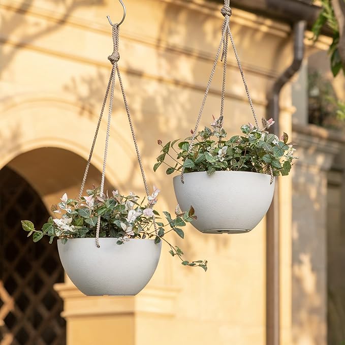 La Jolie Muse White Hanging Planter Basket - 8 Inch Indoor Outdoor Flower Pots, Plant Containers W/ Drainage Hole, Plant Pot for Hanging Plants, Pack 2 LaJol%C3%ADeMuse