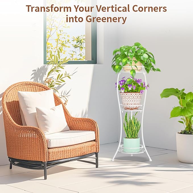 LASZOLA White 3 Tier Tall Plant Stand for Indoor Outdoor, Large Multiple Level Flower Planter Holder Organizer Rack for Patio Office Bathroom Corner Floor, Sturdy Heavy Duty Metal, Vertical Display LASZOLA