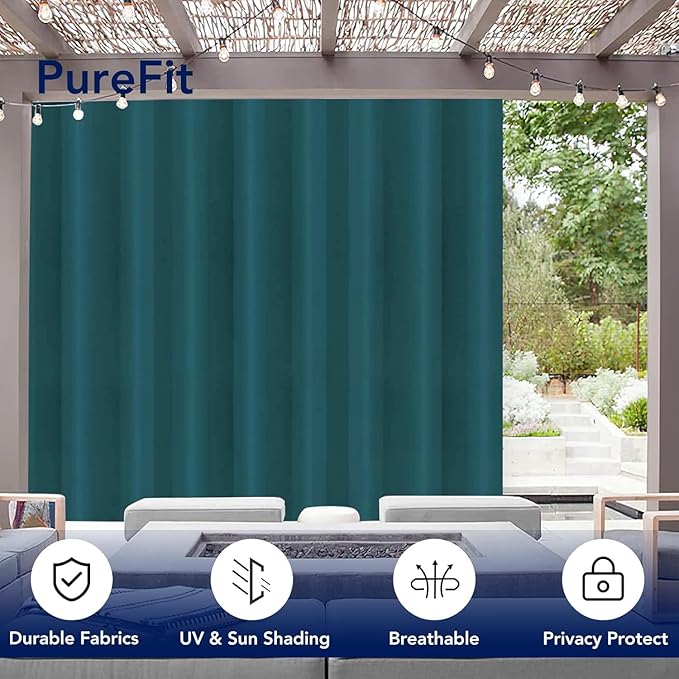 PureFit Outdoor Curtains for Patio Waterproof Weatherproof, UV Resistant Outside Curtains for Gazebo, Front Porch, Pergola, Sun Blocking Privacy Curtain, 120W x 108L inch, 1 Panel, Teal PureFit