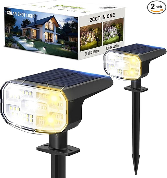 DAMINY Solar Spotlights Outdoor Waterproof IP65,2 CCT(Warm White & Cool White),4 Lighting Modes Solar spot Lights for Yard,Garden,Pathway,Landscape,Auto On/Off-2 Pack DAMINY