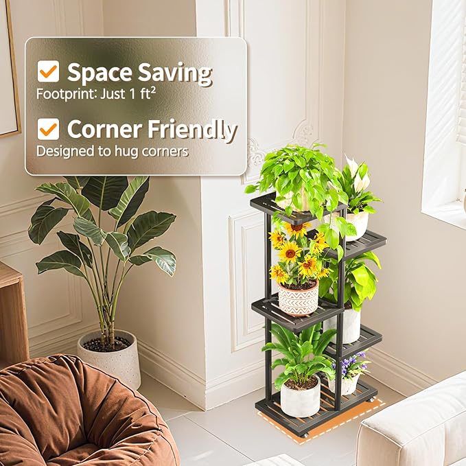 LASZOLA 4 Tier Plant Stand Indoors Outdoors for Large Heavy Duty Planter, Black Metal Tall Flower Holder Rack with Multiple Shelf for Modern Patio Corner, Vertical Organizer, Weather Resistant Bracket LASZOLA