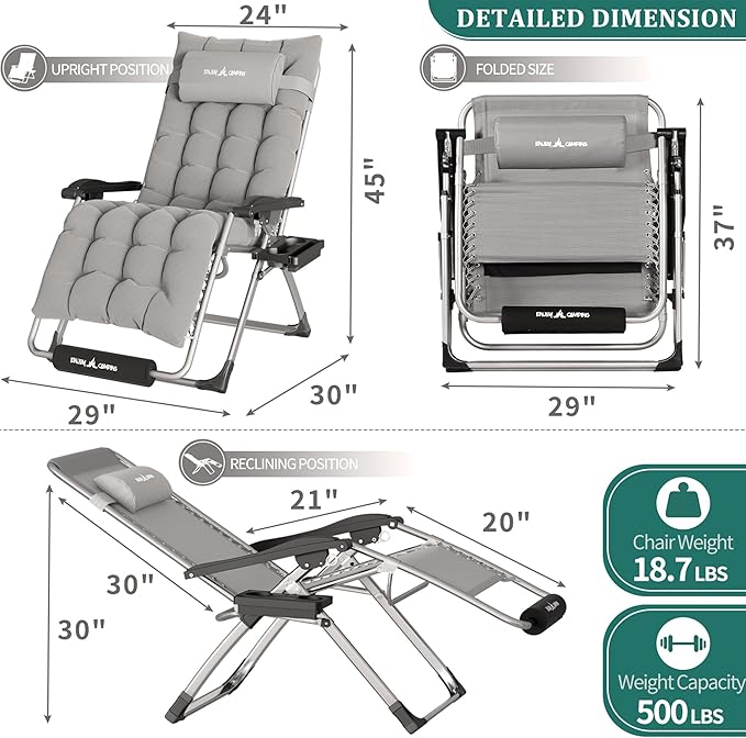 UDPATIO Oversized Zero Gravity Chair 33In XXL Patio Reclining Chair with Cushion, Outdoor Folding Recliner with Pillows, Cup Holder, Foot Rest & Padded Headrest, Support 500LB (2, Light Grey-XL) UDPATIO