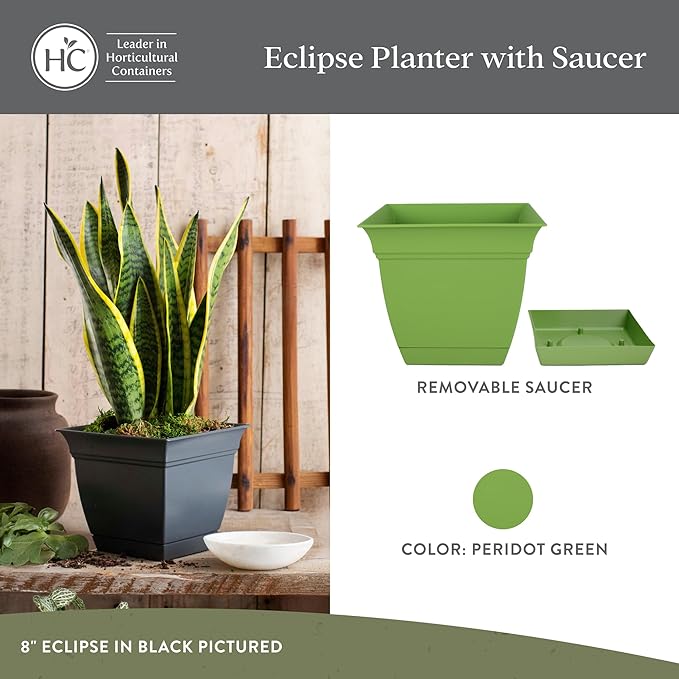The HC Companies Eclipse Square Plastic Planter w/Attached Saucer - Outdoor & Indoor Plant Pot with Drainage Holes - Lightweight, UV-Resistant Plastic Pots for Plants (10" Peridot Green, Pack of 1) TheHCCompanies