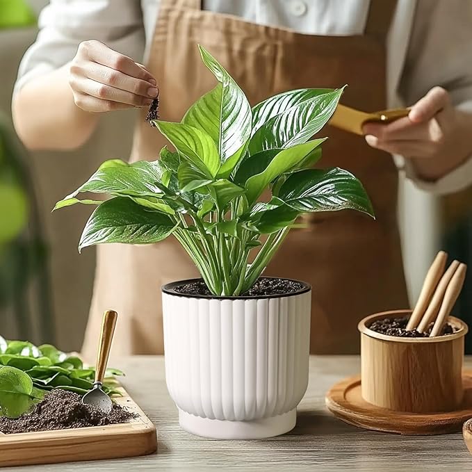 T4U 7 Inch Self Watering Pots for Indoor Plants, 4 Pack Plant Pots, Self Watering Planter for Indoor Plants, Durable Plastic Pots (4 Pack, 7", White) T4U