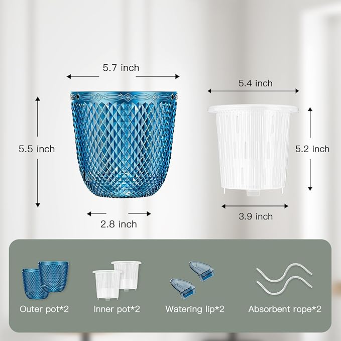 QCQHDU 2 Pack Self Watering Pots, 5.7 Inch Flower Pots with Drainage Holes and Water Filling Port, Garden Planter for Indoor Outdoor Plants (Klein Blue) QCQHDU