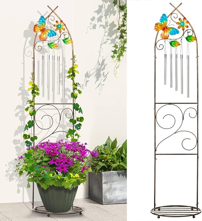 Plant Stands with Garden Trellis, 48” Metal Standing Wind Chimes Plant Pot Trellis with Butterfly for Garden Patio Backyard Climbing Plants Outdoor Decor LEWIS%26WAYNE