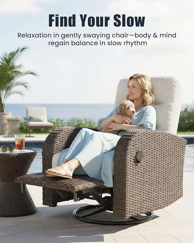 Outdoor Swivel Recliner Chair Set of 2, All-Weather Wicker Reclining Patio Chair with Adjustable Backrest and Footrest Vakollia