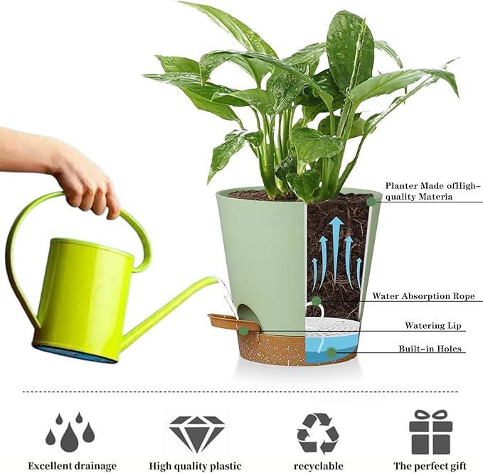 5 Pack 5 inch Self-Watering Pots, African Violets Planter with Drainage Holes and Reservoir, Green Brown Plastic Planter for Indoor Outdoor Plants Flowers and Houseplants Green Brown, 5 inch 5 pcs zople