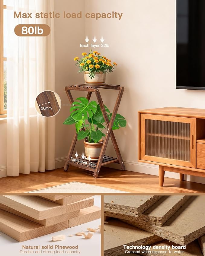 Tall Plant Stand Indoor, Wooden 2 Tier Plant Shelf for Multiple Plants,Corner Square Plant Display Rack,65in Flower Potted Stand for Living Room Balcony Bedroom Office Jotboom