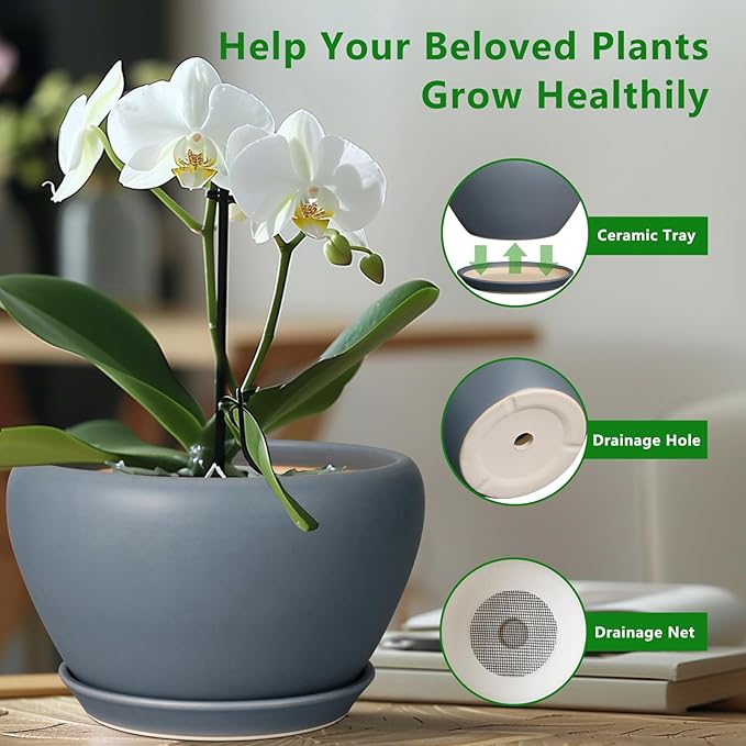 Ceramic Pots for Plants - 9 Inch Planter for Outdoor Plants Large Plant Pot Indoor with Drainage Hole and Saucer Decorative Modern Flower Pot for Home Garden Decor Gray Ceramicfor