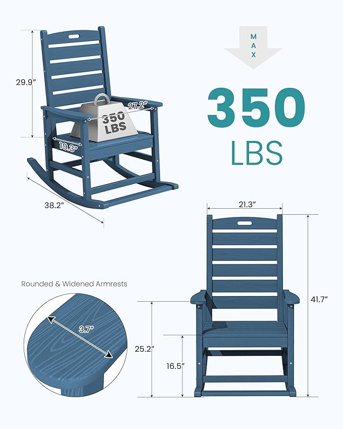 SERWALL Outdoor Rocking Chair Set of 2, Oversized Rocking Chair with Footboard for Adults, HDPE All Weather Resistant Rocking Chairs for Patio, 350lbs Weight Capacity, Navy SERWALL