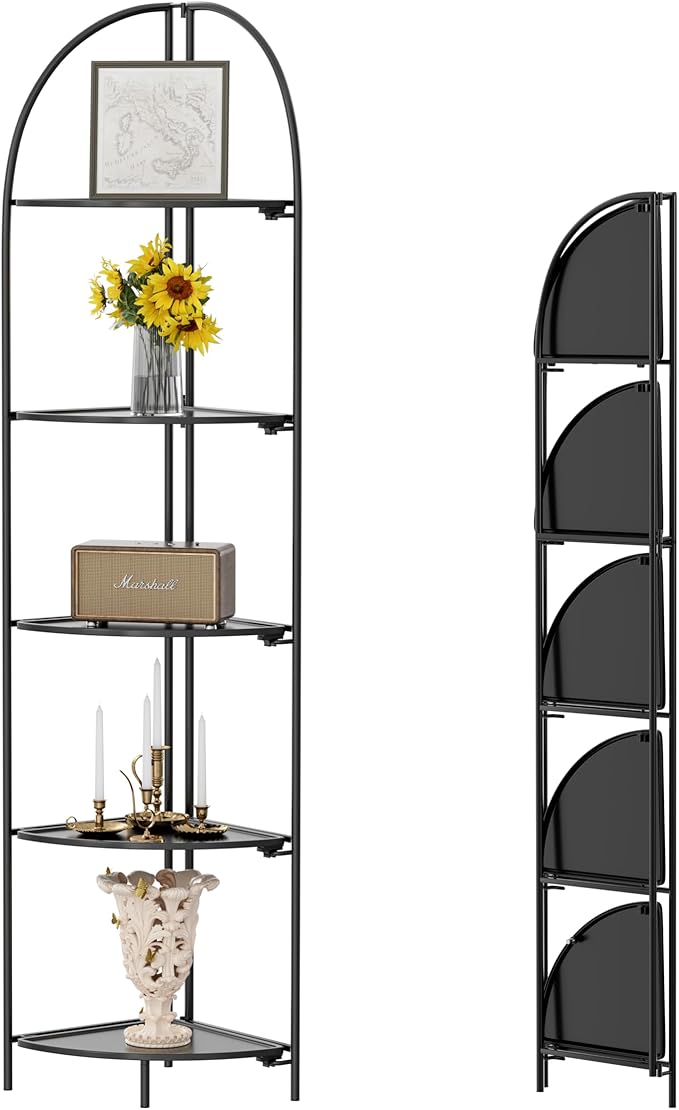 Crofy Foldable 5 Tier Corner Shelf, Metal Corner Plant Stand with Black Frame and Black Shelves, Corner Display Rack Multipurpose Shelving Unit for Living Room, Bedroom, Bathroom CrofyLLC