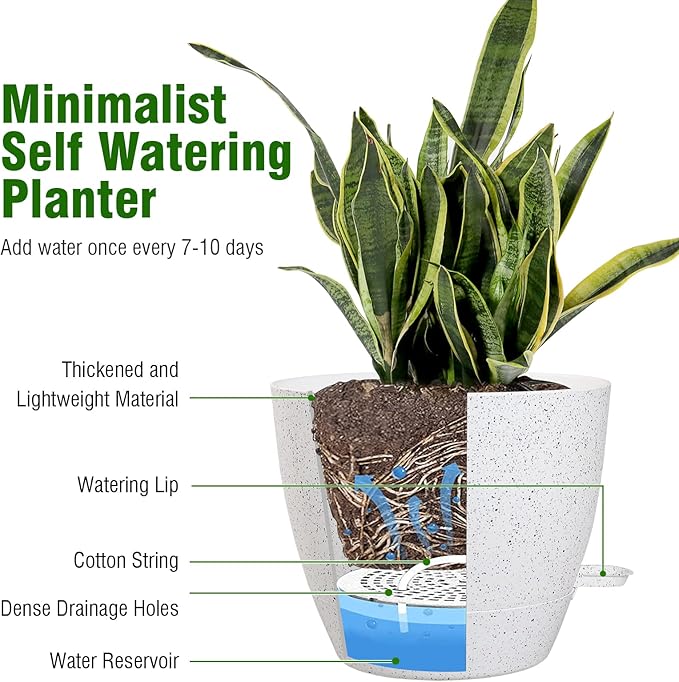 12/10/9 inch Large Self Watering Pots, Plant Pots with Mesh Drainage Holes for Indoor Outdoor Garden Plants, Flower Pots with Deep Reservoir, Set of 3 Plastic Planters, Specked White WSMKSZ