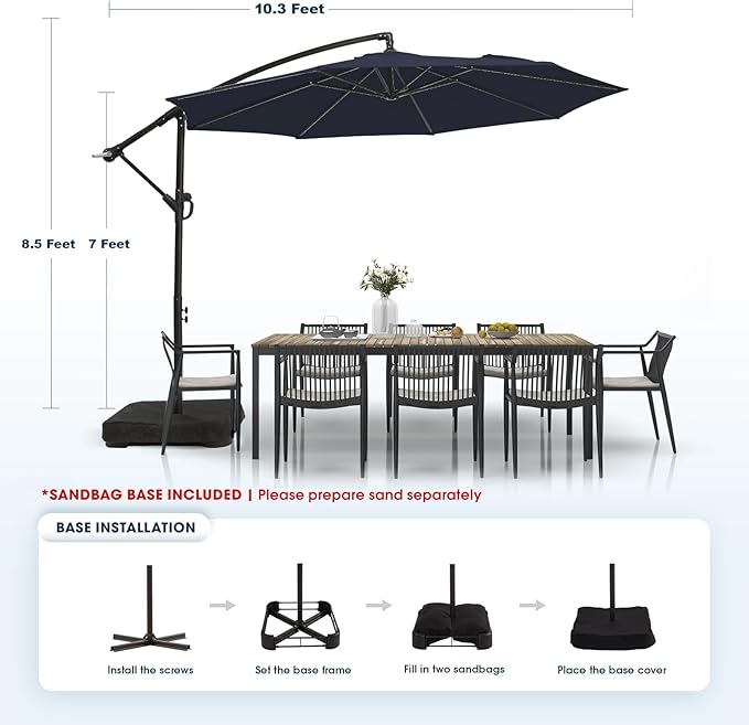 wikiwiki 10ft Patio Umbrella with Base Included, Outdoor Offset Cantilever Umbrella with Sandbag Base for Backyard, Garden and Pool, Easy to Tilt and Crank, Navy Blue WikiwikiPatioUmbrellas