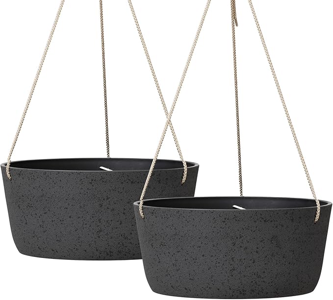 La Jolie Maison Large Hanging Planters - 12 Inch Outdoor Flower Pots, Hanging Garden Planters Set of 2, Black Charcoal LaJolieMaison