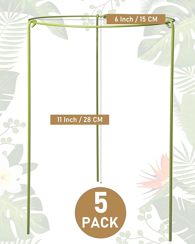 5-Pack Heavy Duty Plant Support Stakes, Metal Plant Ring Cages for Indoor Outdoor Plants, Adjustable Garden Stakes for Peonies, Monstera, Pothos, Hydrangea, Vines & Potted Plant (6" W x 11" H) Rootora