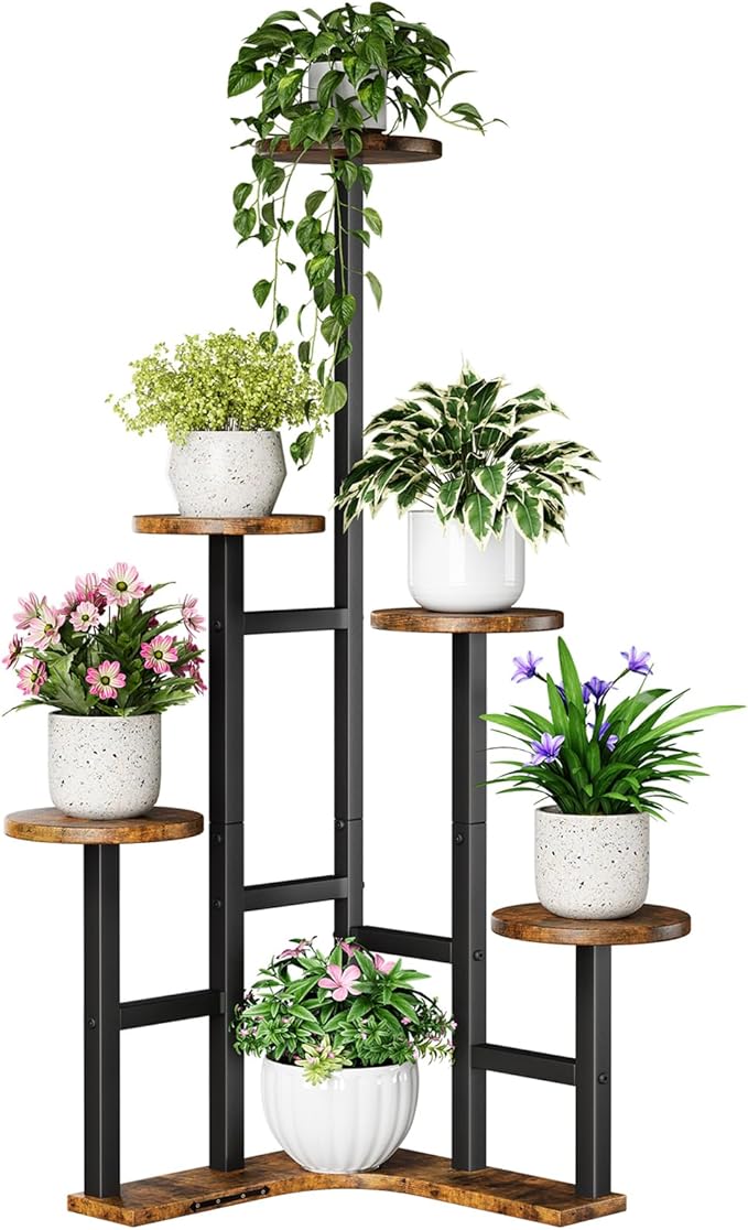 Corner Plant Stand Indoor, 6 Tiered Corner Plant Shelf Flower Stand for Multiple Plants, Plant Shelves Organizer Rack for Living Room, Balcony, Patio, Garden, Round Rustic Brown Yzosvki