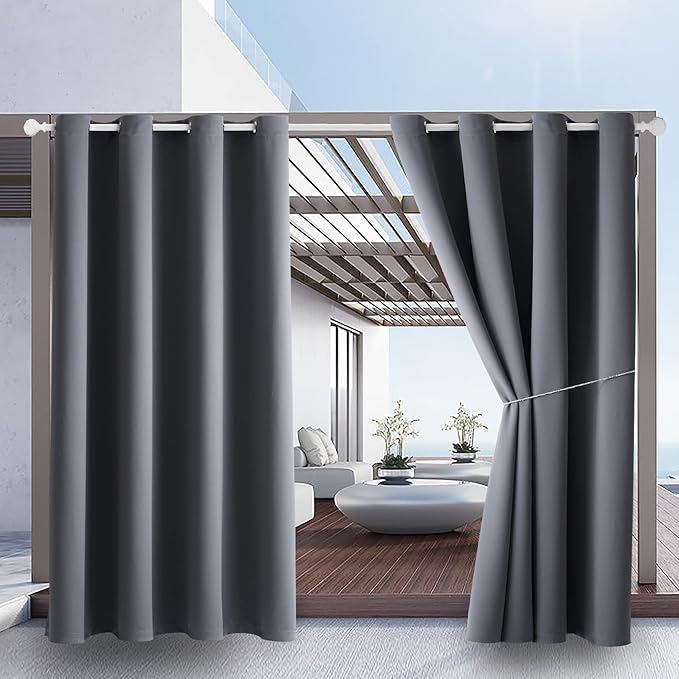 DIVA EN CAMINO DEC Outdoor Patio Curtain Waterproof Darkening Thermal Insulated Indoor Curtains for Bedroom, Porch, Living Room, Pergola, Cabana, W52 x L95, Gray, Set of 2 Panels DivaenCamino