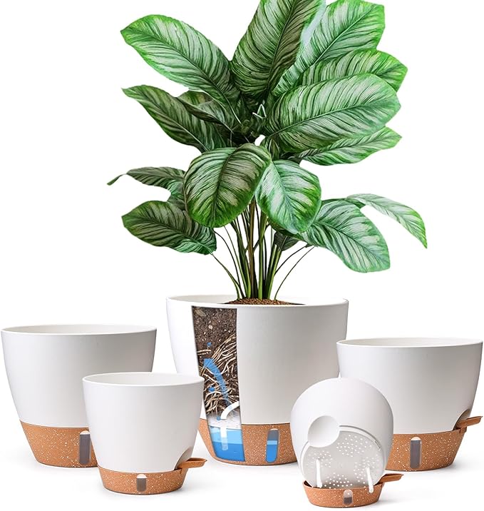 T4U 5 Pack Self Watering Pots (6"+8"+9"+10"+12") - Water Level Indicator & Deep Reservoir, Mess-Free Planters for Busy People, Beginners & Gardeners, Fit Most Plants, Indoor Outdoor Use (White) T4U