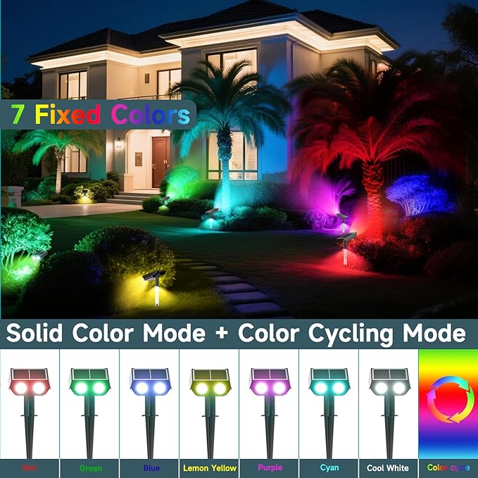 RGB Solar Spot Lights : 2 IN 1 Solar Lights Outdoor with 8 Lighting Modes & PC Light Guide Column for Tree Garden Yard Pathway | RGB Color Changing Landscape Lights | IP65 Waterproof | 12 Pack Rootora