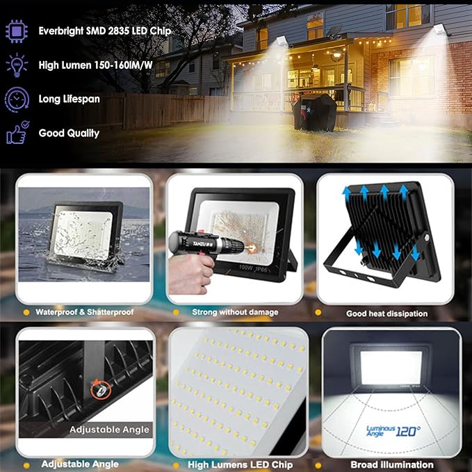 2Pack LED Flood Light Outdoor,50W LED Work Light 5500lm with 6FT US Plug,IP66 Waterproof Exterior Security Lights,6000K Daylight White Outside Floodlights Slim Design for Playground Yard garageangle