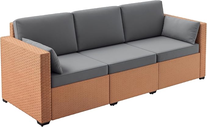 Outsunny Patio Couch PE Wicker Deep Seating Outdoor Sofa with Removable Cushions, 3 Seater Rattan Sofa, Outdoor Furniture for Balcony, Deck, Garden and Poolside, Sand Outsunny