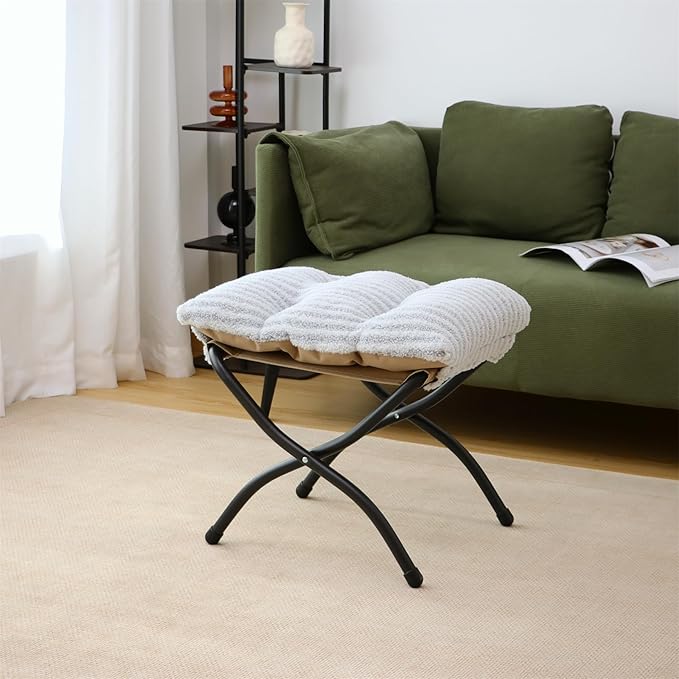 15"(H) Folding Ottoman, Foldable Footrest Stool, Portable Small Foot Stool for Couch, Collapsible Foot Rest Ottoman for Sofa, Accent Padded Ottomans for Living Room, Bedroom, Stripe Grey MordchilHF