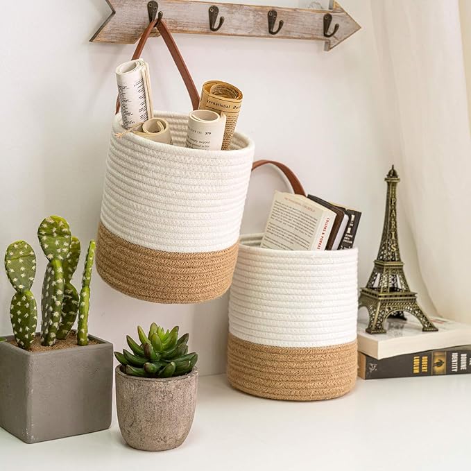 Goodpick 2pack Jute Rope Hanging Basket - Small Woven Fern Wall Hanging Baskets Flower Plants, Woven Basket Key Storage Baskets, White and Jute 7.87 x 7 x 11.7 inches Goodpick