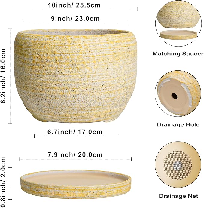 SQOWL Ceramic Planters for Indoor Plants - 10 Inch Plant Pot with Drainage Hole and Saucer, Round Ceramic Flower Pot Outdoor, Decorative Large Planter, Office Decor, Gifts for Women Men, Yellow SQOWL