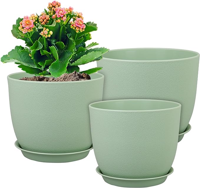 Large Plant Pots 12/10/9 inch, Set of 3 Modern Decorative Plastic Planters with Drainage Holes and Saucers, Flower Pots for Indoor Outdoor Plants, Green WSMKSZ