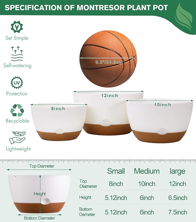 3 Pack 8/10/12 Inch Hanging Planters for Indoor Plants with Self-Watering Includes Hanging Pots for Plants, Outdoor Hanging Flower Pots with Drainage, and 2 Types of Hanging Baskets Hangers (White) Montresor