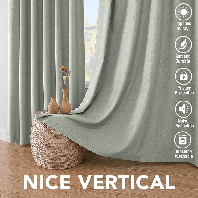 H.VERSAILTEX Bedroom Curtains Blackout, Sage Green Linen Blackout Curtains 84 Inches Long, 100% Blackout Thermal Textured Linen Look Curtain Draperies Grommet with White Liner, 2 Panels HVERSAILTEX
