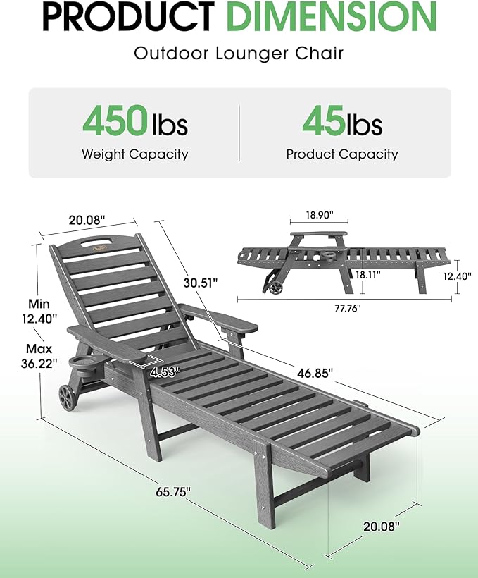 Lounge Chair Outdoor Set of 4 with Wheels, Adjustable 5-Position Chaise Lounge Outdoor, Patio Lounge Chair for Poolside Backyard, Grey Suunyn