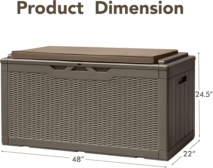 Devoko 100 Gallon Deck Box, Waterproof Resin Outdoor Storage Box with Cushion for Outside, Large Outdoor Storage Bench Cabinet Lockable for Patio Furniture and Garden Tools (Brown) DEVOKO