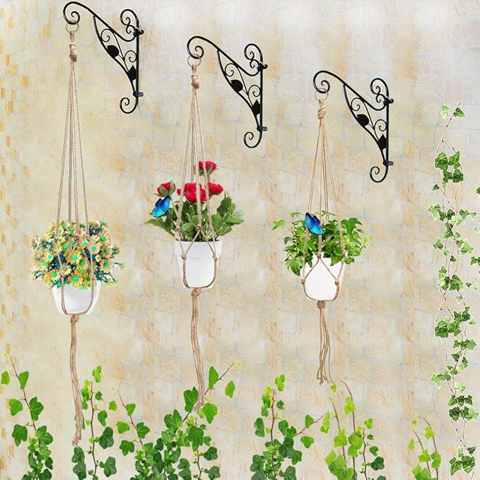 Swpeet 6 Pack 3 Sizes Macrame Hanging Planter Holder Plant Hanger with 6 Pack 2.9 Inch Ceiling Cup Hooks Kit, Hanging Planter Basket Rope Holder for Indoor Outdoor Decorations Beautiful Hanging Swpeet