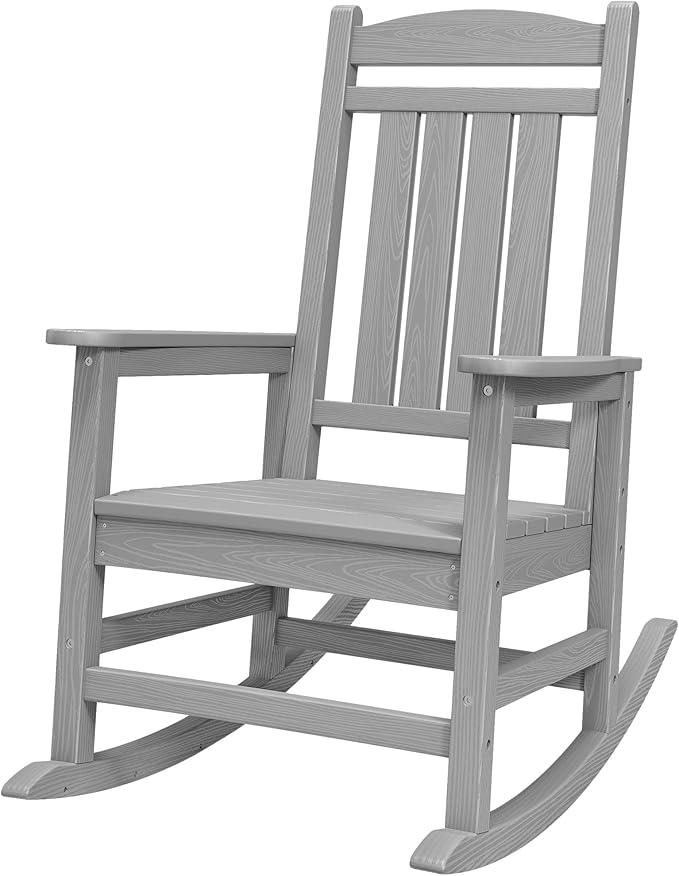 SERWALL Oversized Outdoor Rocking Chair, All-Weather Patio Rocking Chair, HDPE Porch Rocker for Adults, Light Gray SERWALL