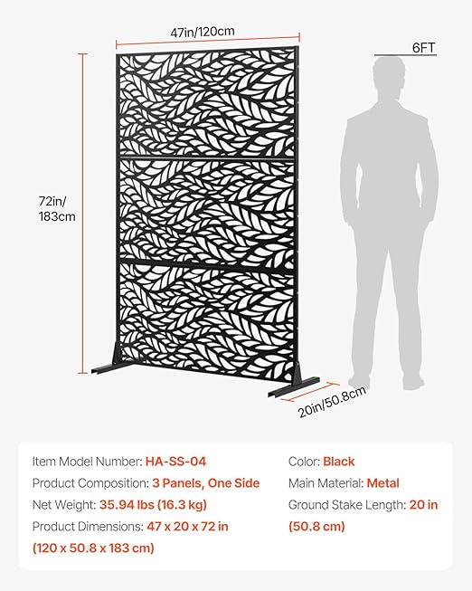 VEVOR Metal Privacy Screen, 47" W x 72" H, Outdoor Privacy Screens & Panels, Freestanding Outdoor Divider with Stand, 3-Panel Decorative Garden Steel Privacy Fence for Balcony Patio Indoor Room Black VEVOR