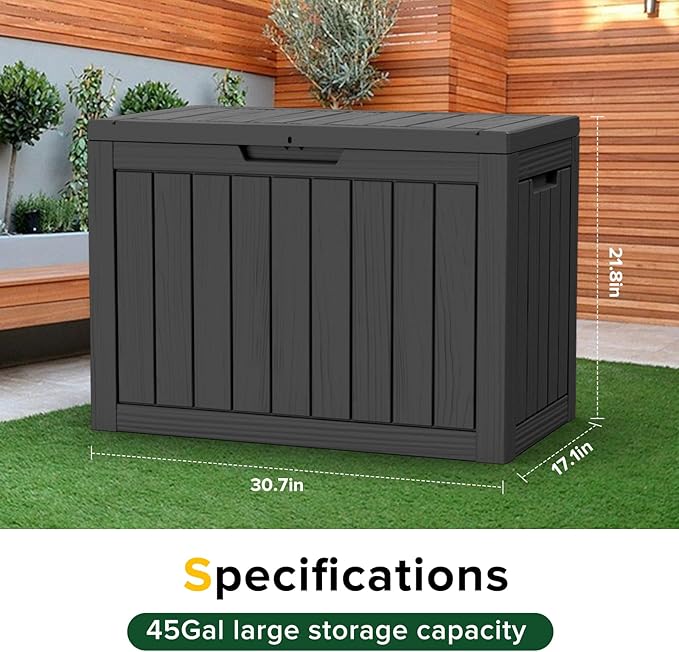 EasyUp 45 Gallon Outdoor Storage Box, Resin Waterproof UV-Resistant Deck Box, Reinforced Stability for Patio, Garden, and Poolside, Striped Black EASYUP