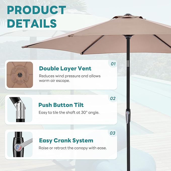 OLIXIS 7.5ft Patio Umbrella with Tilt and Crank Button & 8 Sturdy Ribs Waterproof, Patio Table Umbrella Perfect for Poolside, Terrace, Beach and Outdoor Restaurant, Khaki OLIXIS