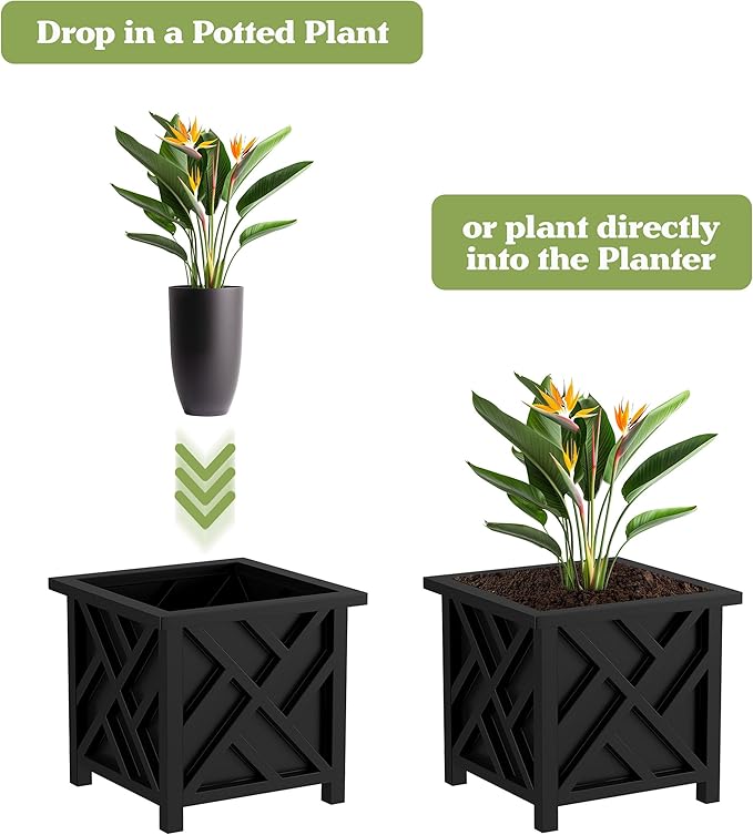 Lattice Design Outdoor Planter Box - 14.75” Square 13” Tall Black Plant Pot - Decorative Plant Pots for Front Porch Decor - Flower Pots Outdoor Planters for Porch Patio or Garden Decor by Pure Garden PureGarden